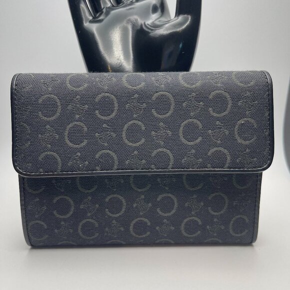 Celine Triomphe Printed Canvas & Leather Compact Wallet - Black - Preowned - Picture 1 of 13
